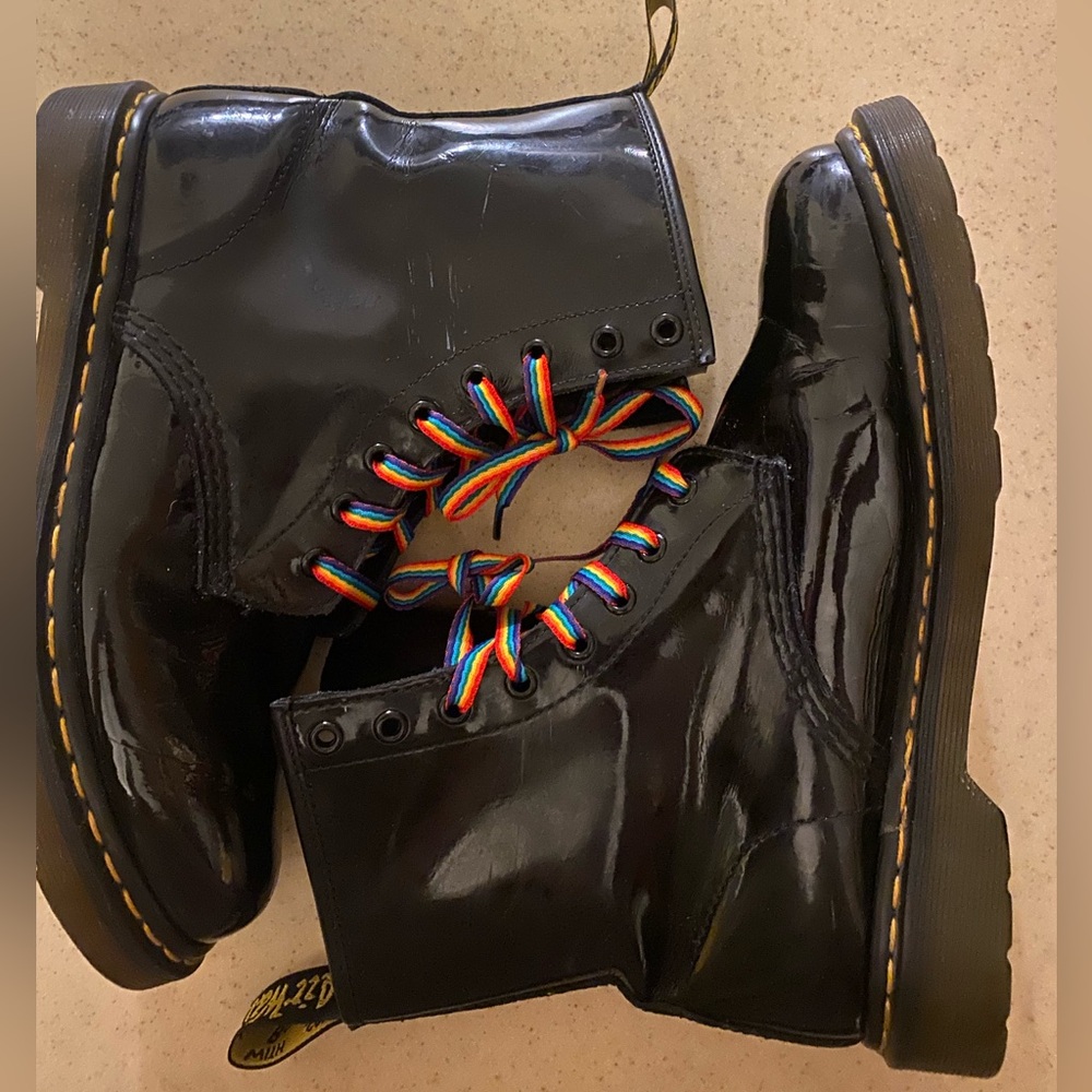 patent leather dr. martens with rainbow laces